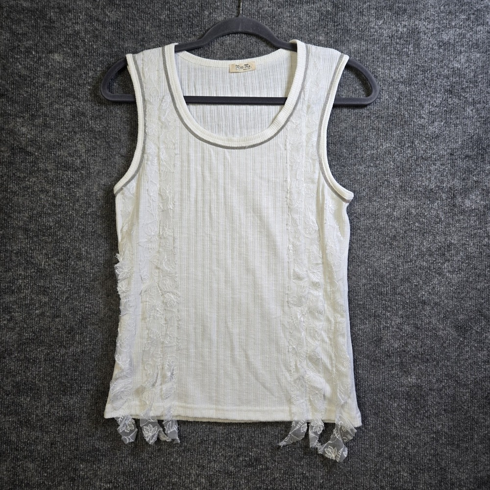 Miss Me Top Womens M White Rib Knit Raw Lace Silver Trim Cowgirl Romantic